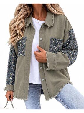 Women's Khaki Denim Oversized Sequin Jacket Fall Outfits Womens Denim Jacket